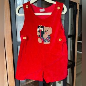 Vintage jon jon Teddy Bear appliqué romper velvet overalls toddler boy christmas